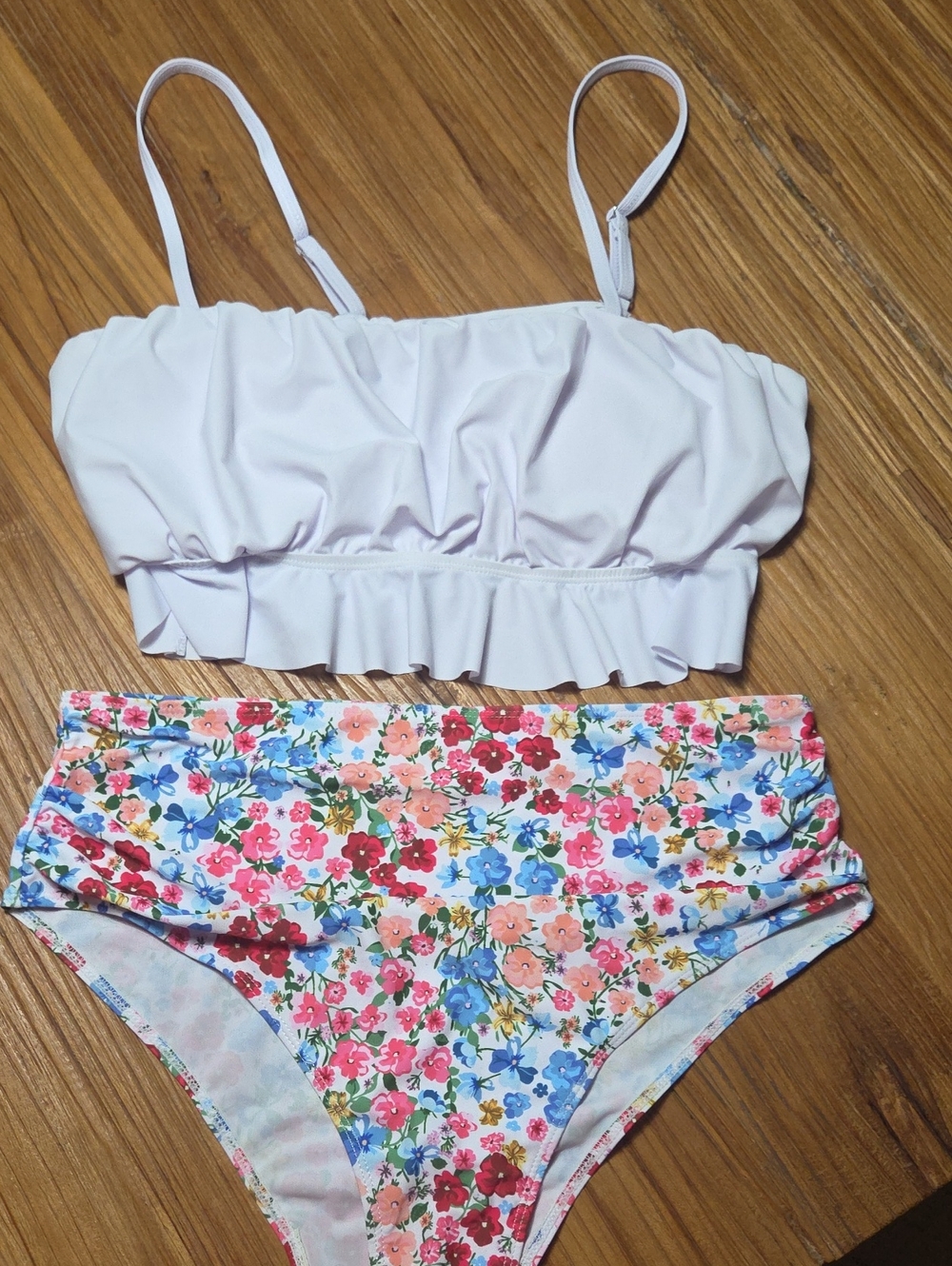 Floral High-Waist Bikini Set with White Ruffle Top Size XL
